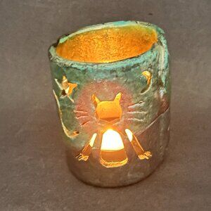 Sargo Stoneware Pottery Whimsical Cat Handcrafted Luminary Candle Holder Cut Out